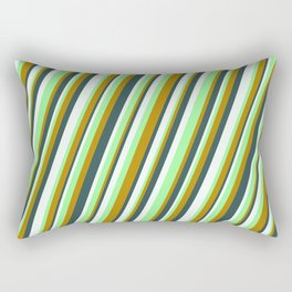 [ Thumbnail: Green, Dark Goldenrod, Dark Slate Gray & Mint Cream Colored Lines/Stripes Pattern Rectangular Pillow ]