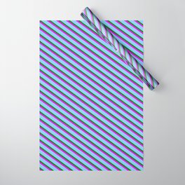 [ Thumbnail: Green, Fuchsia, and Light Sky Blue Colored Striped/Lined Pattern Wrapping Paper ]