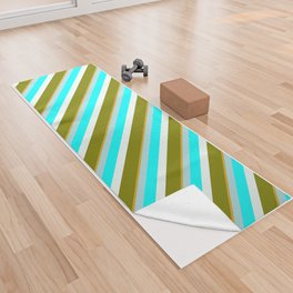 [ Thumbnail: Eye-catching Green, Mint Cream, Aqua, Powder Blue, and Goldenrod Colored Striped/Lined Pattern Yoga Towel ]