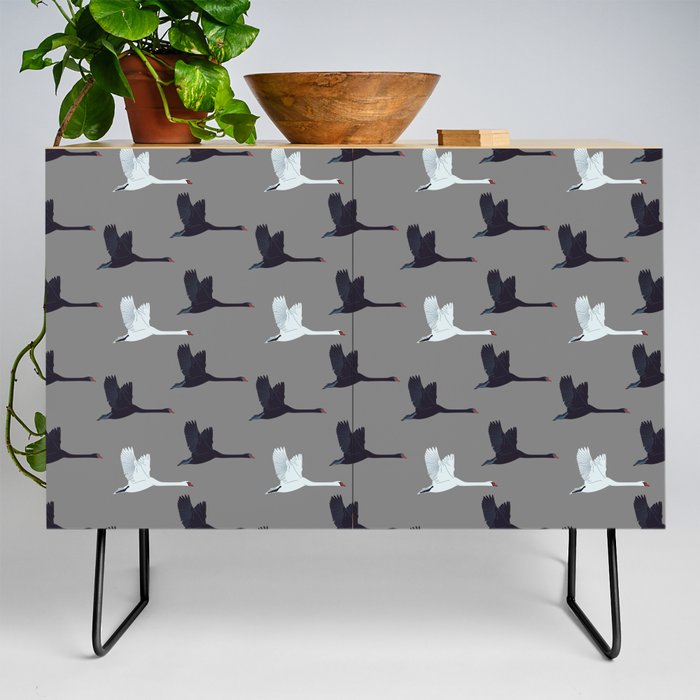 Flying Elegant Swan Pattern on Grey Background Credenza