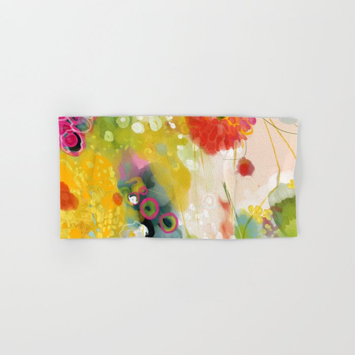 abstract floral art in yellow green and rose magenta colors Hand & Bath Towel