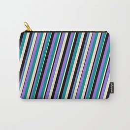 [ Thumbnail: Purple, Dark Cyan, Beige & Black Colored Striped Pattern Carry-All Pouch ]
