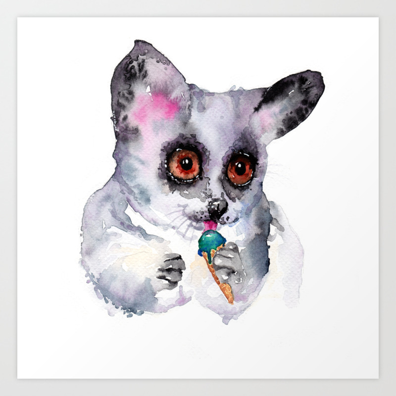 Cute Watercolor Bush Baby With Ice Cream Art Print By