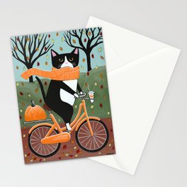Tuxedo Cat Autumn Bicycle Ride Stationery Card