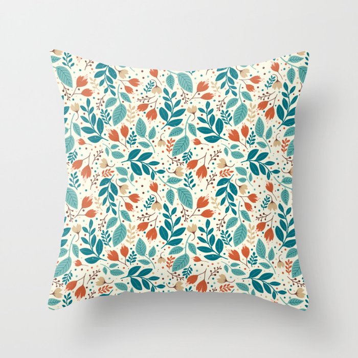 Floral Teal, Green and Orange Pattern Throw Pillow