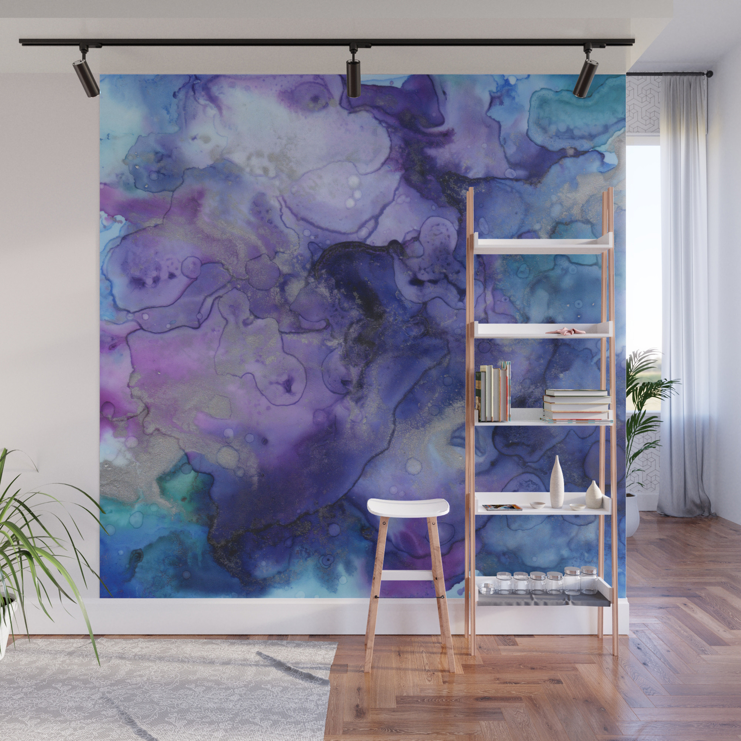 Abstract Watercolor Ink Prints Indigo Blue Purple Wall Mural