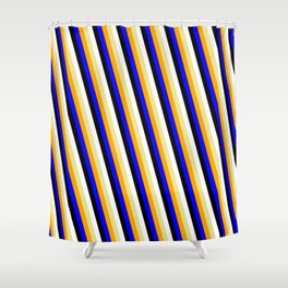 [ Thumbnail: Eyecatching Tan, Orange, Blue, Black & White Colored Lined/Striped Pattern Shower Curtain ]