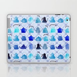 Blue Teapots Pattern Hand-painted in Watercolour/Blue Background Laptop Skin