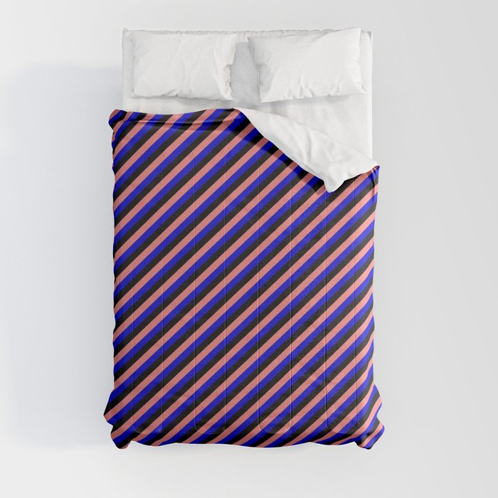 Light Coral, Blue & Black Colored Stripes/Lines Pattern Comforter