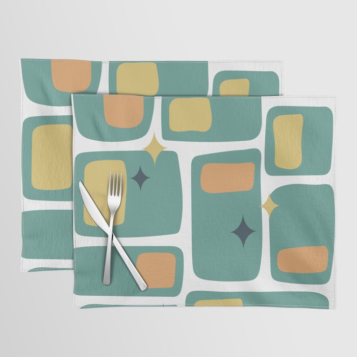 Mid Century Funky Squares and Stars in Teal, Orange and Yellow Placemat
