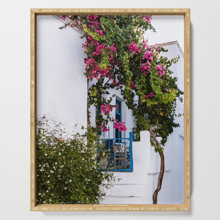 Traditional Greek Street Scenery | Blue Door and Pink Flowers | Island Life | Travel Photography in Europe Serving Tray