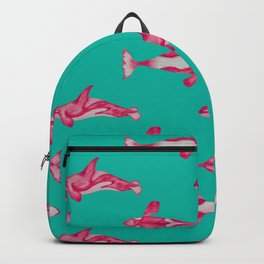Orcas in watercolor | Teal and pink color palette Backpack | Quirky Colors, Nature, Pattern, Dolphins, Killer Whales, Painting, Watercolor, Tropical, Animal, Digital 