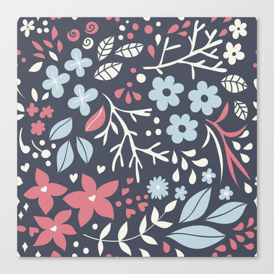 Floral pattern with doodles of flowers and leaves Canvas Print