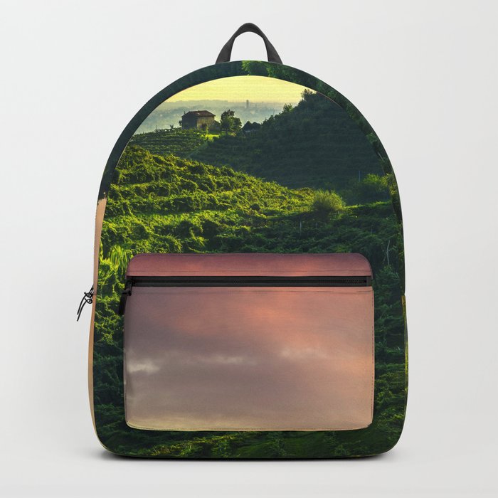 Prosecco vineyards and steep hills at sunset Backpack