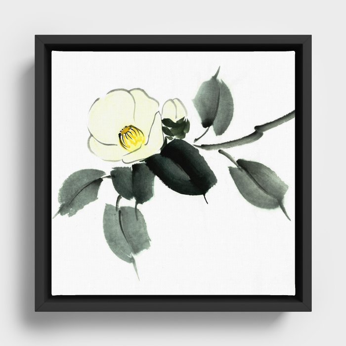White camellia sumi ink and japanese watercolor painting Framed Canvas