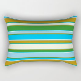 [ Thumbnail: Forest Green, Deep Sky Blue, Beige, Sky Blue, and Dark Goldenrod Colored Striped/Lined Pattern Rectangular Pillow ]