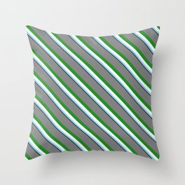 [ Thumbnail: Colorful Grey, Forest Green, Mint Cream, Sky Blue & Black Colored Pattern of Stripes Throw Pillow ]