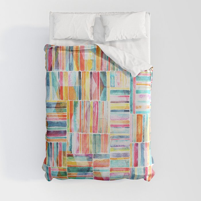 Summer Pastel Geometric and Striped Abstract on white Duvet Cover