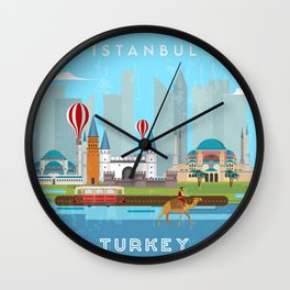 Istanbul, Turkey- Retro travel poster Wall Clock | Istanbul, Landmark, Vintage, Minimalism, Retrotravelposter, Landscape, Graphicdesign, Oldposter, Travel, Turkey 