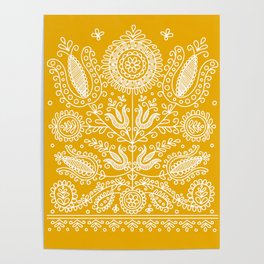 Tree of Life Yellow Hungarian Embroidery Design Poster