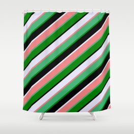 [ Thumbnail: Vibrant Lavender, Light Coral, Sea Green, Green & Black Colored Stripes/Lines Pattern Shower Curtain ]
