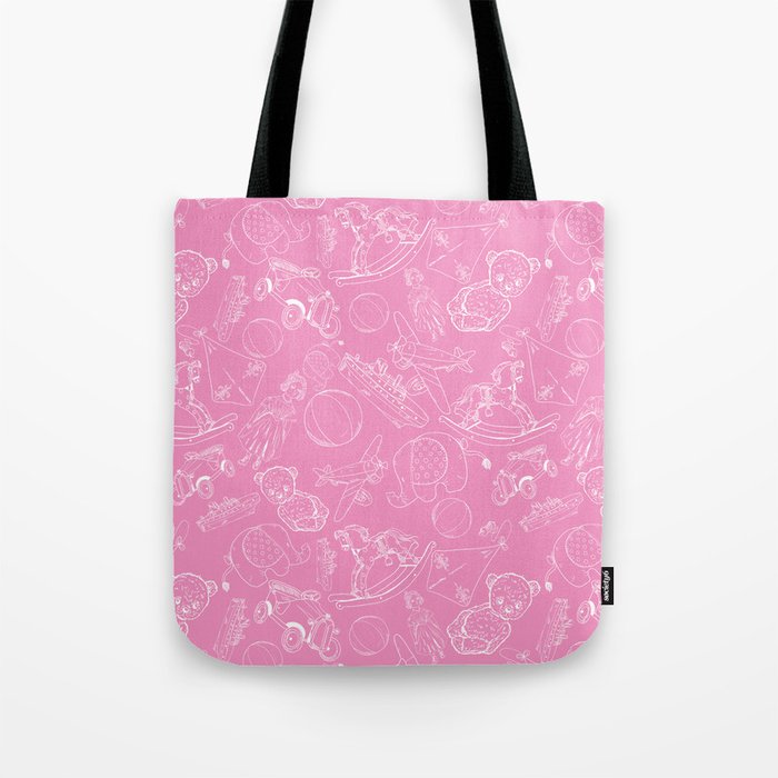 Pink and White Toys Outline Pattern Tote Bag