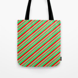 [ Thumbnail: Dark Salmon, Green & Red Colored Striped Pattern Tote Bag ]