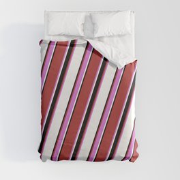 [ Thumbnail: Brown, Orchid, White & Black Colored Pattern of Stripes Duvet Cover ]