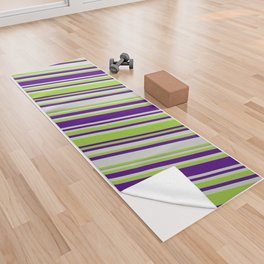 [ Thumbnail: Light Gray, Green & Indigo Colored Pattern of Stripes Yoga Towel ]