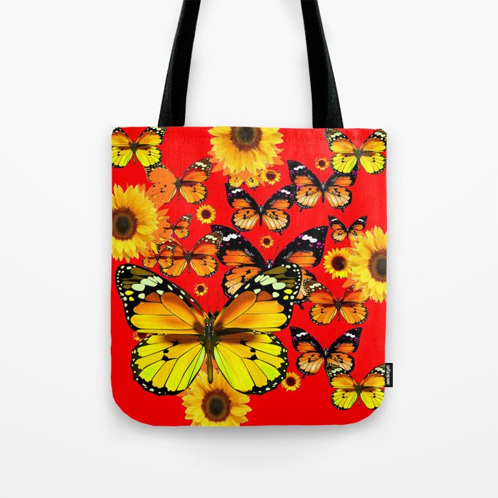 CHINESE RED YELLOW SUNFLOWERS &  BUTTERFLIES ART Tote Bag
