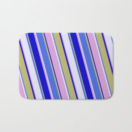 [ Thumbnail: Vibrant Royal Blue, Lavender, Plum, Blue, and Dark Khaki Colored Lined/Striped Pattern Bath Mat ]