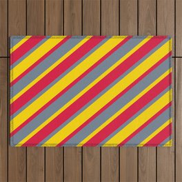 [ Thumbnail: Yellow, Crimson, and Slate Gray Colored Striped Pattern Outdoor Rug ]