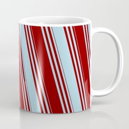 [ Thumbnail: Dark Red & Light Blue Colored Striped Pattern Coffee Mug ]