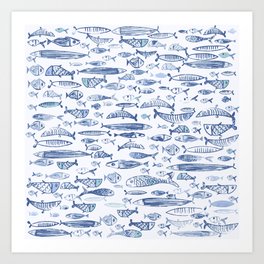 Fishes pattern, classic, sea, ocean, underwater, water, pattern, fishes, fish, whales, nautical, white-blue, painting, digital, stripes, summer, beach, sharks, navy, blue,  Art Print
