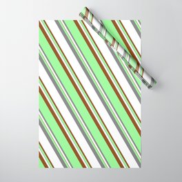 [ Thumbnail: Green, Grey, White, and Brown Colored Lined/Striped Pattern Wrapping Paper ]