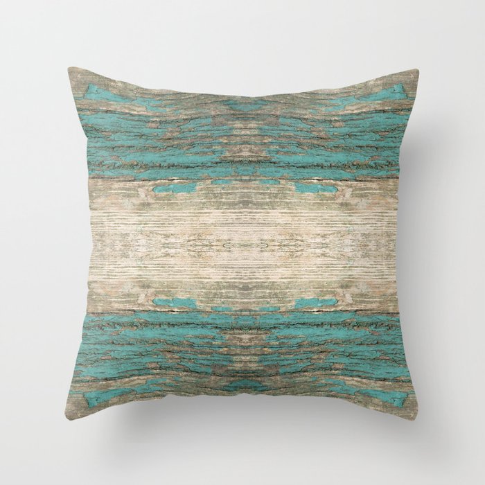 Rustic Wood - Weathered Wooden Plank - Beautiful knotty wood weathered turquoise paint Throw Pillow