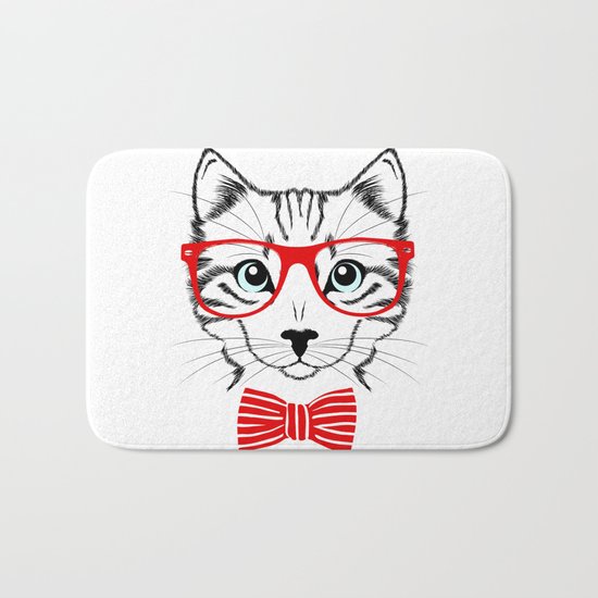 Hipster Cat with Red Glasses Bath Mat