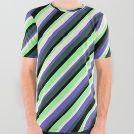 [ Thumbnail: Colorful Beige, Slate Blue, Dark Slate Gray, Black & Green Colored Lined/Striped Pattern All Over Graphic Tee ]