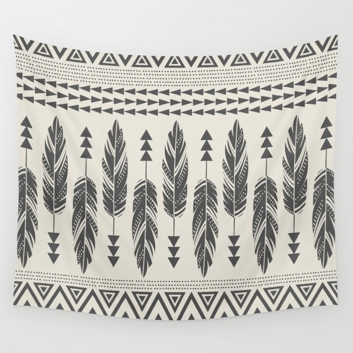 Tribal Feathers Black Amp Cream Wall Tapestry By