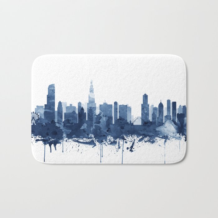 Chicago Skyline Watercolor Blue, Art Print By Synplus Bath Mat