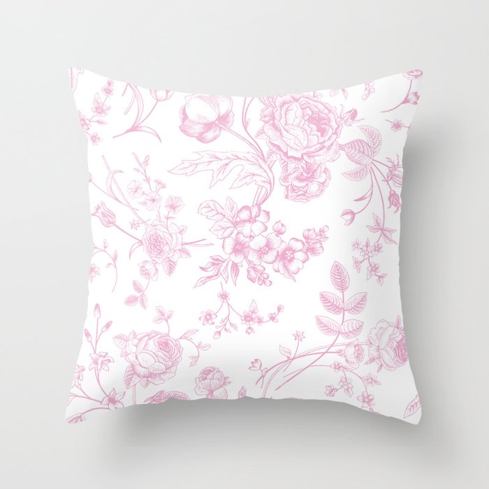 Toile de Jouy Pink Vintage French Floral Throw Pillow