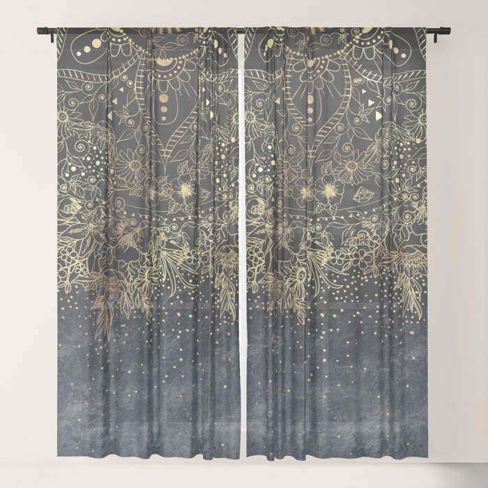 Stylish Gold Floral Mandala And Confetti Sheer Curtain By Inovarts
