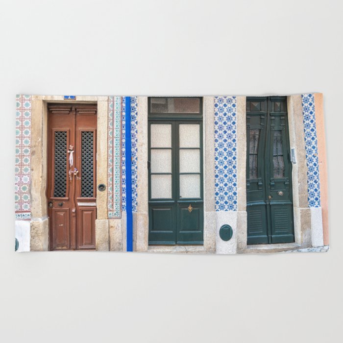Three doors art print - Lisbon Alfama blue green azulejos - street and travel photography Beach Towel