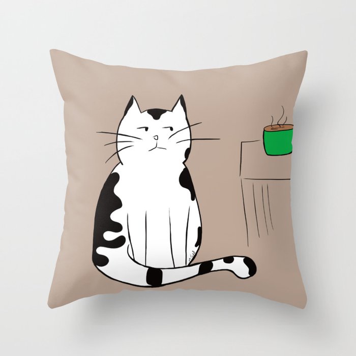 Java the Coffee Cat Throw Pillow | Drawing, Digital, Cat, Black-and-white, Cat-and-coffee, Coffee-meme, Java, Coffee, Kitty, Kitten