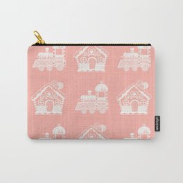 Hand Drawn Christmas Pattern with Sweet Gingerman Cookies of Houses and Train Locomotive on Light Pink Background Carry-All Pouch