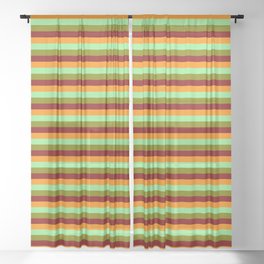 [ Thumbnail: Green, Maroon, Dark Orange, and Light Green Colored Striped Pattern Sheer Curtain ]