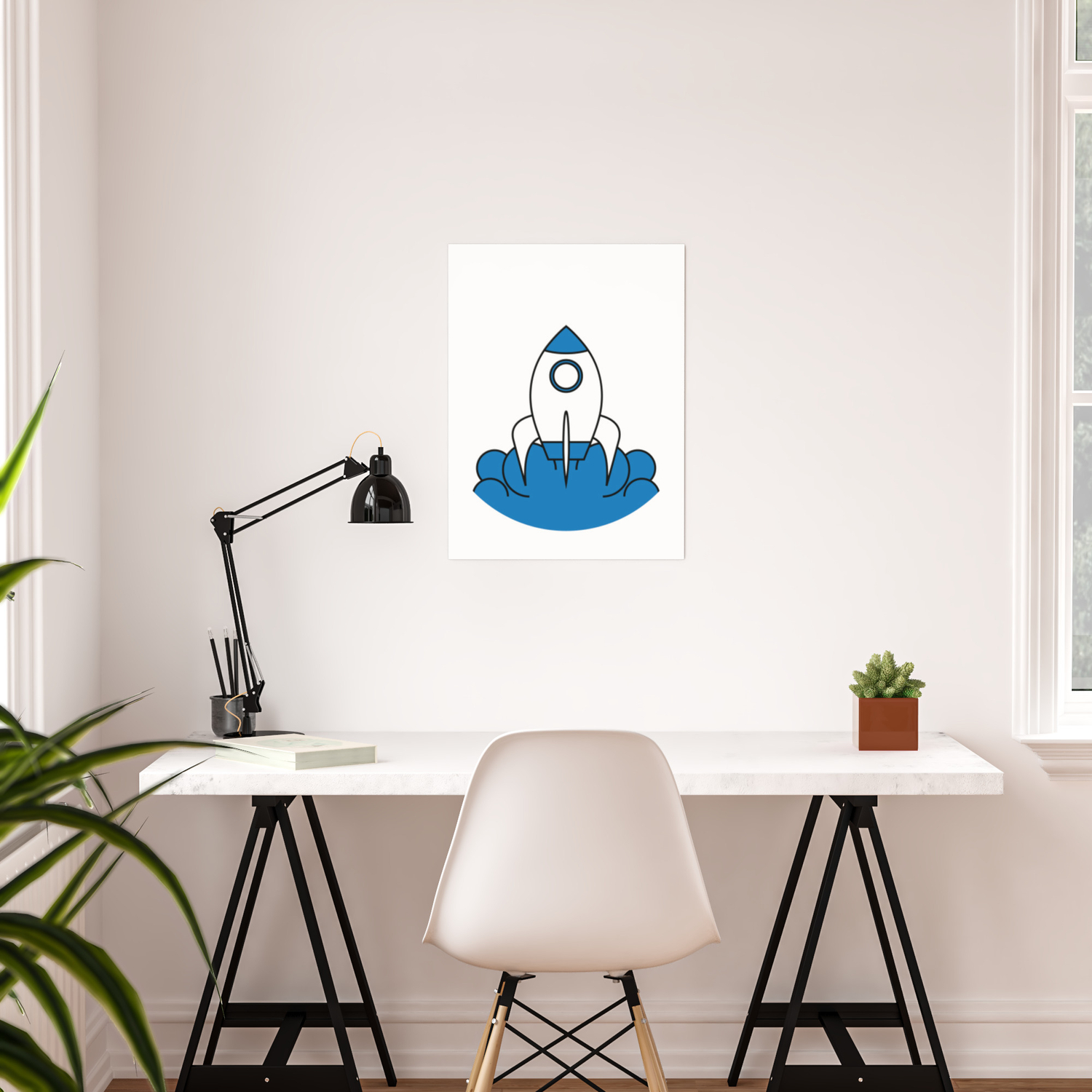 Blue And White Rocket Ship Inside A Thin White Circle A Cute Simple Illustration Of A Rocket Space Poster By Bela1992