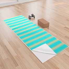 [ Thumbnail: Aqua and Pale Goldenrod Colored Lined Pattern Yoga Towel ]