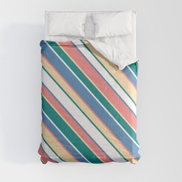 [ Thumbnail: Light Coral, Tan, Teal, White & Blue Colored Striped/Lined Pattern Comforter ]