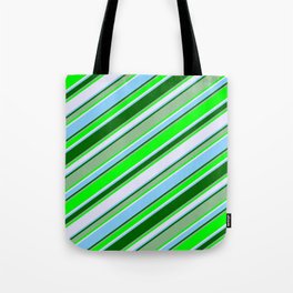 [ Thumbnail: Eye-catching Dark Sea Green, Lime, Lavender, Light Sky Blue, and Dark Green Colored Stripes Pattern Tote Bag ]